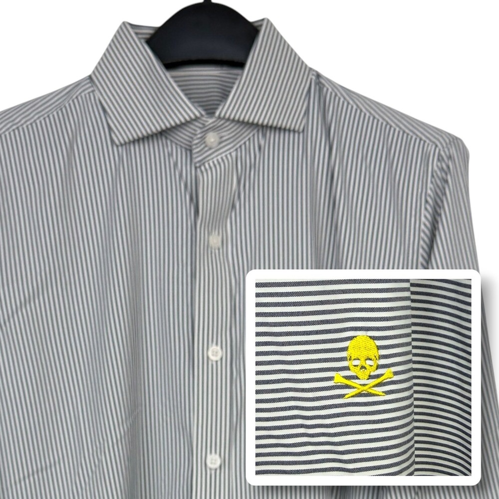 G/FORE Button Up SKULL Performance Shirt Mens M Stretch Navy White Golf Striped